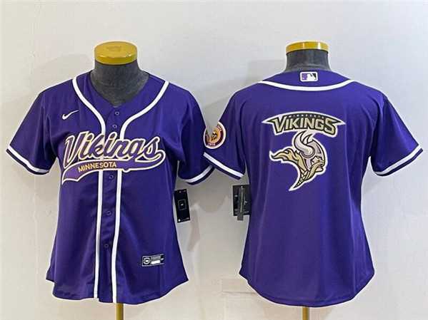 Women%27s Minnesota Vikings Purple Team Big Logo With Patch Cool Base Stitched Baseball Jersey